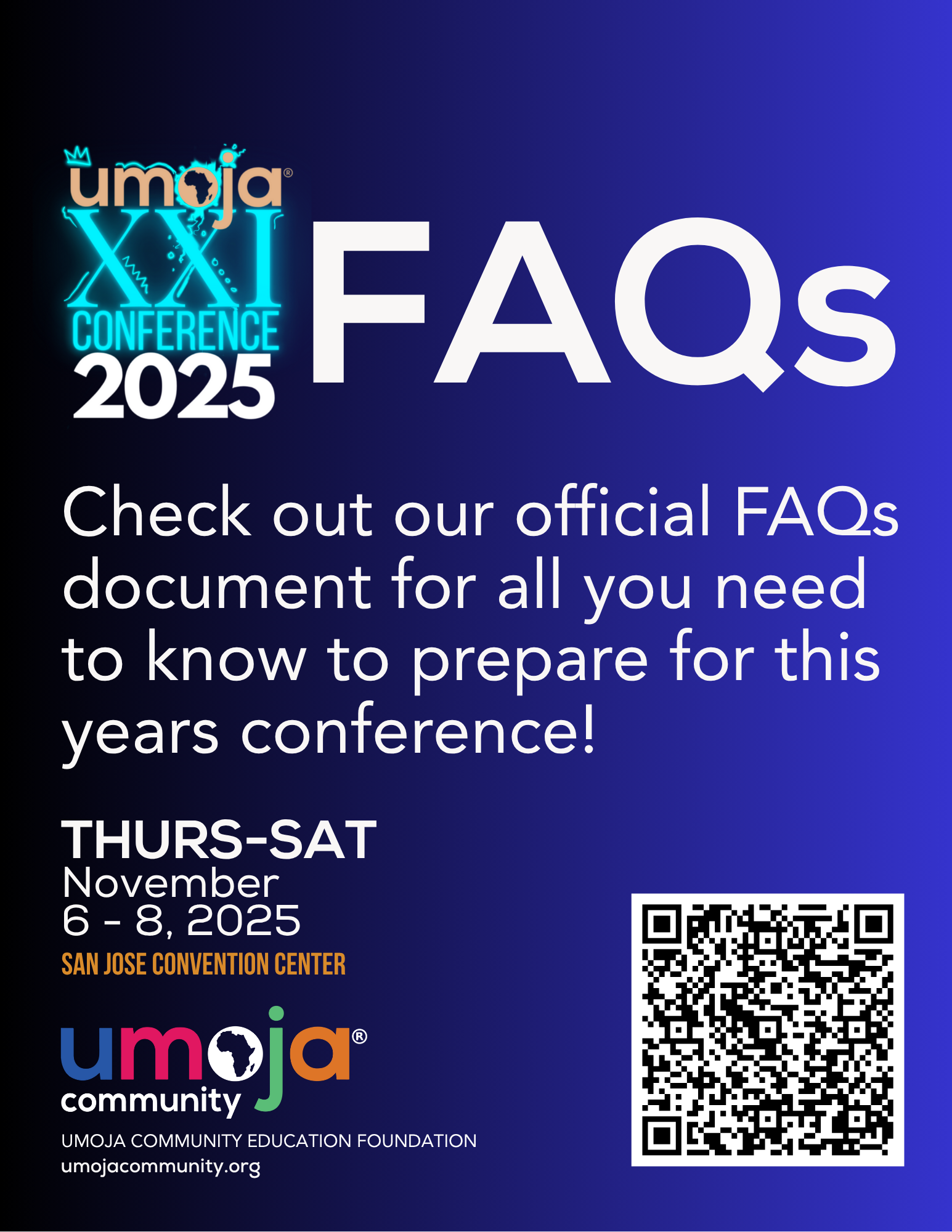 Umoja XXI Conference FAQ Flyer